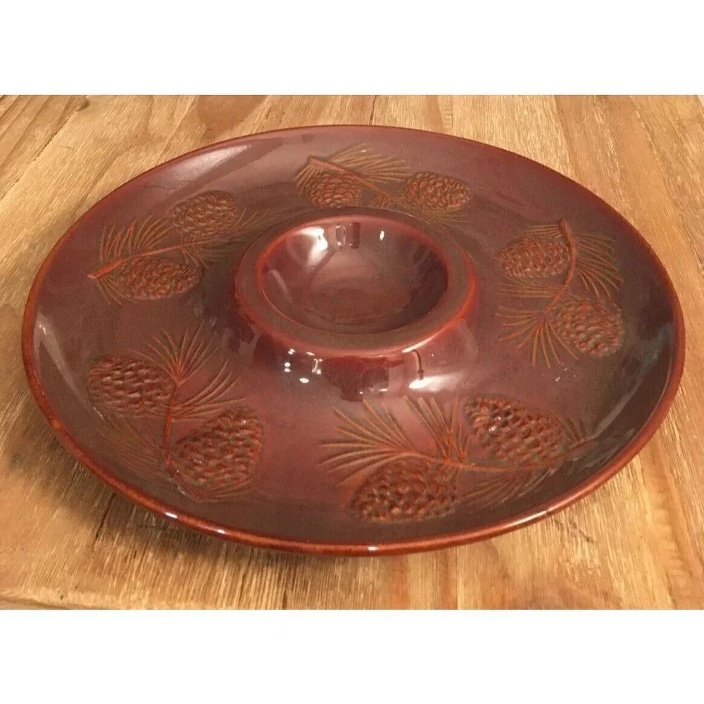 Big Sky Carvers Fusion PInecone Vegetable Chip Dip Tray Platter Brown Stoneware